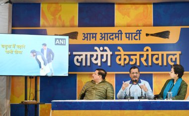 NEW DELHI INDIA JANUARY 30 2025 Aam Aadmi Party National Convenor Arvind Kejriwal along with AAP leaders Sanjay Singh Atishi addressing a press conference at AAP Party Headquarter on January 30 2025 in New Delhi India Photo by Sanchit Khanna Hindusta clipart