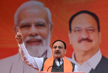 NEW DELHI INDIA HAZİRAN 30 HAZİRAN 2025 BJP Ulusal Başkanı ve Sendika Sağlık Bakanı JP Nadda, yaklaşan D mitinginde Gandhi Nagar adayı Arvinder Singh Lovely ve Krishna Nagar adayı Anil Goyal 'e destek için halka seslendi