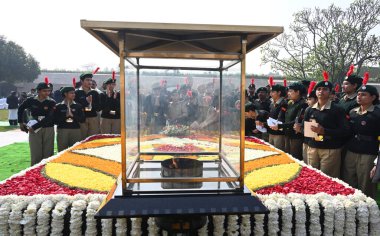 NEW DELHI INDIA JANUARY 30 2025 NCC member pays tribute to Mahatma Gandhi at Rajghat on the occasion of Martyrs Day observed to mark the death anniversary of the father of the nation at Rajghat on January 30 2025 in New Delhi India Photo by Sonu Meht clipart