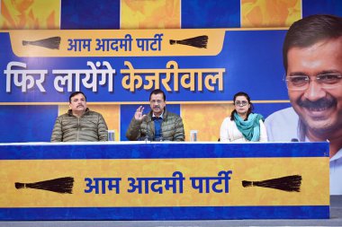 NEW DELHI INDIA JANUARY 31 Ocak 2025 Aam Aadmi Parti Ulusal Konvansiyonu Arvind Kejriwal ve AAP lideri Sanjay Singh ile birlikte 31 Ocak 2025 tarihinde Yeni Delhi Hindistan 'da yapılacak basın toplantısında 