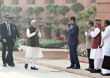 NEW DELHI INDIA JANUARY 31 2025 Prime Minister Narendra Modi arrives to address the media on the first day of the Budget session of Parliament on January 31 2025 in New Delhi India Union Minister of Parliamentary Affairs Kiren Rijiju Union Law Minist clipart