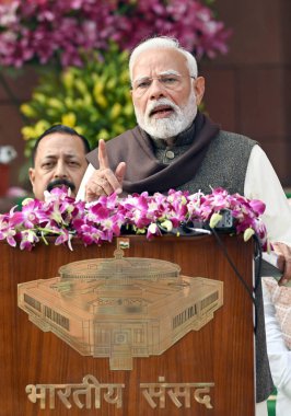 NEW DELHI INDIA JANUARY 31 Ocak 2025 Başbakan Narendra Modi 31 Ocak 2025 tarihinde Yeni Delhi Hindistan 'da yapılan Bütçe oturumunun ilk gününde medyaya hitap etti: Sanjeev Verma Hindustan Times