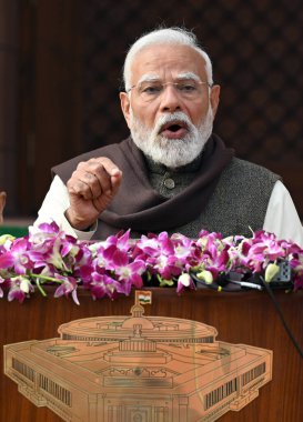 NEW DELHI INDIA JANUARY 31 Ocak 2025 Başbakan Narendra Modi 31 Ocak 2025 tarihinde Yeni Delhi Hindistan 'da yapılan Bütçe oturumunun ilk gününde medyaya hitap etti: Sanjeev Verma Hindustan Times