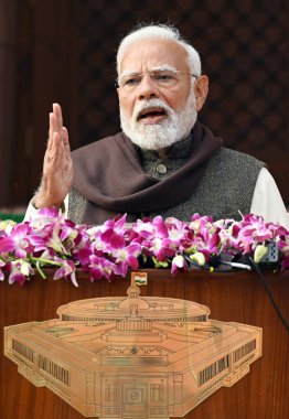 NEW DELHI INDIA JANUARY 31 Ocak 2025 Başbakan Narendra Modi 31 Ocak 2025 tarihinde Yeni Delhi Hindistan 'da yapılan Bütçe oturumunun ilk gününde medyaya hitap etti: Sanjeev Verma Hindustan Times