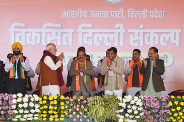 NEW DELHI INDIA JANUARY 31 Ocak 2025 Başbakan Narendra Modi vikasit Delhi Sankalp mitinginde 31 Ocak 2025 tarihinde Dwarka 'da yapılacak Delhi parlamento seçimlerinde Yeni Hindistan' da Delhi meclisi 5 Şubat 'ta sandık başına gidecek ve