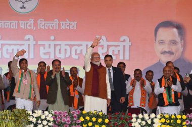 NEW DELHI INDIA JANUARY 31 Ocak 2025 Başbakan Narendra Modi vikasit Delhi Sankalp mitinginde 31 Ocak 2025 tarihinde Dwarka 'da yapılacak Delhi parlamento seçimlerinde Yeni Hindistan' da Delhi meclisi 5 Şubat 'ta sandık başına gidecek ve