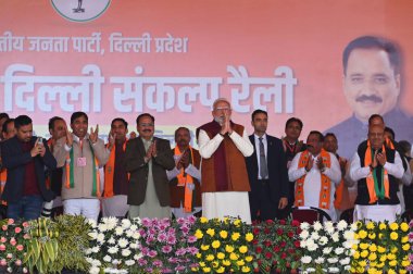 NEW DELHI INDIA JANUARY 31 Ocak 2025 Başbakan Narendra Modi vikasit Delhi Sankalp mitinginde 31 Ocak 2025 tarihinde Dwarka 'da yapılacak Delhi parlamento seçimlerinde Yeni Hindistan' da Delhi meclisi 5 Şubat 'ta sandık başına gidecek ve
