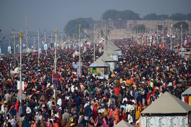 PRAYAGRAJ INDIA HAZİRAN 28 HAZİRAN 2025 Hindu fanatikler 28 Ocak 2025 tarihinde Maha Kumbh Mela 'da kutsal bir dalış yapmak için Salman Ali Hindustan Times