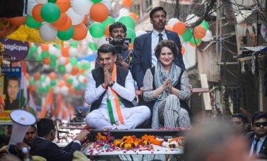 NEW DELHI INDIA FEBRUARY 3 2025 Congress General Secretary Priyanka Gandhi during a Roadshow at Kotla MubarakPur Kasturba Nagar Constituency rallying support for Congress candidate Abhishek Dutt ahead of the 2025 Delhi Assembly elections elections on clipart