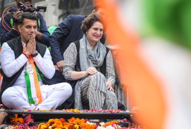 NEW DELHI INDIA FEBRUARY 3 2025 Congress General Secretary Priyanka Gandhi during a Roadshow at Kotla MubarakPur Kasturba Nagar Constituency rallying support for Congress candidate Abhishek Dutt ahead of the 2025 Delhi Assembly elections elections on clipart