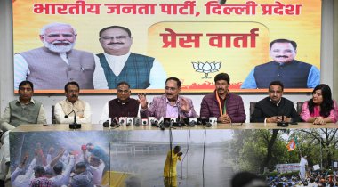 NEW DELHI INDIA FEBRUARY 3 2025 Member of the Lok Sabha Harsh Malhotra Ramvir Singh Bidhuri Delhi BJP President Virendra Sachdeva Yogender Chandoliya Manoj Tiwari Praveen Khandelwal Bansuri Swaraj during a press conference after completing election c clipart