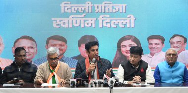 NEW DELHI INDIA FEBRUARY 3 2025 DPCC president Devender Yadav ex MP Sandeep Dikshit Udit Raj Former Delhi Minister Haroon Yusuf during a press conference after camlet election campaign at the DPCC office Rajiv Bhawan on February 3 2025 in New Delhi I clipart