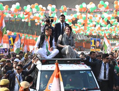 NEW DELHI INDIA FEBRUARY 3 2025 Congress General Secretary Priyanka Gandhi during a Roadshow at Kotla MubarakPur Kasturba Nagar Constituency rallying support for Congress candidate Abhishek Dutt ahead of the 2025 Delhi Assembly elections elections on clipart