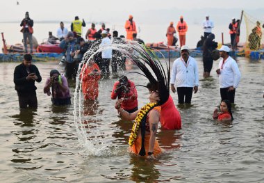 PRAYAGRAJ INDIA FEBRUARY 3. 2025 Dişi Sanyasini 3 Şubat 2025 tarihinde Triveni Sangam 'da Basant Panchami vesilesiyle' Amrit banyosu 'nda kutsal bir dalış yapıyor.