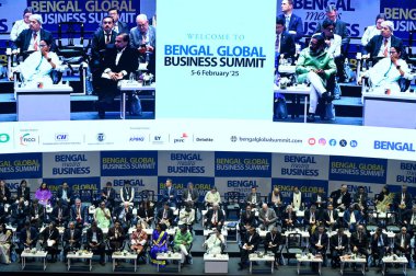 KOLKATA INDIA FEBRUARY 5 2025 Chief minister of West Bengal Mamata Banerjee along with Chief Minister of Jharkhand Hemant Soren Chairman of Reliance Industries Mukesh Ambani and other industrialists during inaugural session of Bengal Global Bussiness clipart