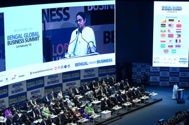 KOLKATA INDIA FEBRUARY 5 2025 Chief minister of West Bengal Mamata Banerjee speaks during inaugural session of Bengal Global Bussiness Summit BGBS at Biswa Bangla Convention Centre on February 5 2025 in Kolkata India clipart