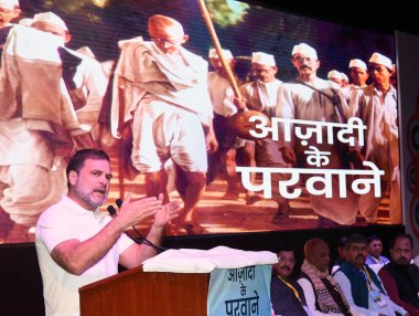 PATNA, INDIA: FEBRUARY 5, 2025 - Congress leader and leader of Opposition in Lok Sabha Rahul Gandhi addressing during Azadi Ke Parwane freedom fighter Jaglal Choudhary birth anniversary function at S K Memorial hall on February 5 2025. clipart