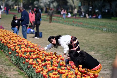 Delhililer, Shanti Yolu, Chanakyapuri 'de Full Bloom laleleri eşliğinde 9 Şubat 2025' te Yeni Delhi, Hindistan 'da güneşli bir öğleden sonranın tadını çıkarıyorlar.. 