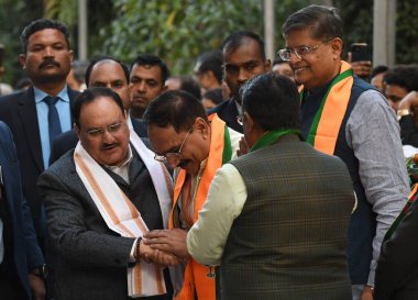 NEW DELHI, INDIA - 8 Şubat 2025: BJP Ulusal Başkanı JP Nadda, Yeni Delhi, Hindistan 'da 8 Şubat 2025 tarihinde BJP Genel Merkezi' nde 2025 Delhi Meclis Seçimleri 'ne karşı kazandığı zaferi kutluyor. 