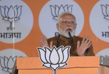 NEW DELHI, INDIA - 8 FEBRUARY: Başbakan Narendra Modi, 8 Şubat 2025 'te Hindistan' ın Yeni Delhi kentinde yapılan BJP genel merkezinde yapılan Delhi Meclis seçimlerinin lideri olarak BJP genel merkezinde konuşma yaptı..  