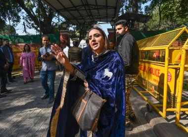 NEW DELHI INDIA FEBRUARY 11 2025 Punjab Moga Assembly constituency MLA Dr Amandeep Kaur Arora arrives to attend a meeting with Bhagwant Mann Chief Minister of Punjab and AAP National Convenor Arvind Kejriwal at Kapurthala House on February 11 2025 in clipart