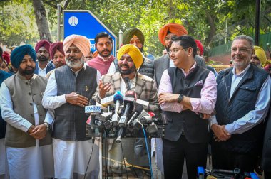 NEW DELHI INDIA FEBRUARY 11 Şubat 2025 Bhagwant Mann Penjab Başkanı AAPs Punjab MLA ile birlikte 11 Şubat 2025 tarihinde Kapurthala 'da düzenlenen AAP Ulusal Kongresi Arvind Kejriwal başkanlığındaki bir toplantı sonrasında basın mensuplarına konuştu