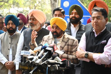 NEW DELHI INDIA FEBRUARY 11. 2025 Punjab Genel Sekreteri Bhagwant Mann kabine bakanları ve AAP milletvekilleriyle 11 Şubat 2025 tarihinde Yeni Delhi Indi 'de parti ulusal kongresi Arvind Kejriwal ile yaptığı görüşme sonrasında basın mensuplarına demeç verdi.