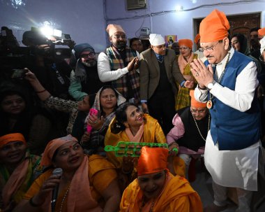 NEW DELHI INDIA FEBRUARY 12 2025 BJP National President and union cabinet health minister JP Nadda offer Prayers at Shri Guru Ravidas Vishram Dham Mandir Trust on the occasion of Guru Ravidas Jayanti at Karol Bagh on February 12 2025 in New Delhi Ind clipart