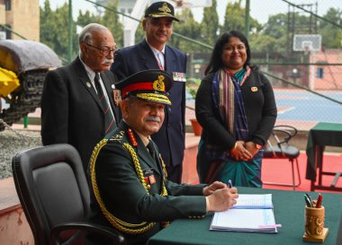 NOIDA, INDIA - FEBRUARY 15, 2025: Chief of the Army Staff General Upendra Dwivedi, PVSM, AVSM during an event to pay homage to 42 martyrs at Shaheed Smarak, Sector 29, on February 15, 2025 in Noida, India. (Photo by Sunil Ghosh/Hindustan Times)  clipart