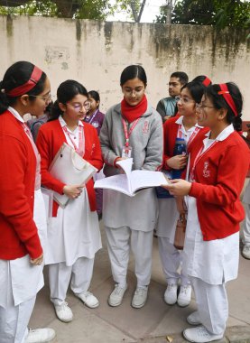 NEW DELHI, INDIA - 15 Şubat 2025: İsa & Mary Manastırı öğrencileri KG Marg 'daki Kerala Tıp Fakültesi' nde İngilizce denek 10. kurul sınavına katılmadan önce tartıştılar.