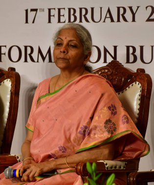 MUMBAI, INDIA - FEBRUARY 17: Union Minister for Finance, Nirmala Sitharaman addressing the media on the post budget, on February 17, 2025 in Mumbai, India. clipart