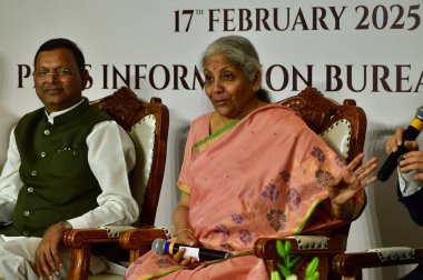 MUMBAI, INDIA - FEBRUARY 17: Union Minister for Finance, Nirmala Sitharaman addressing the media on the post budget, on February 17, 2025 in Mumbai, India. clipart