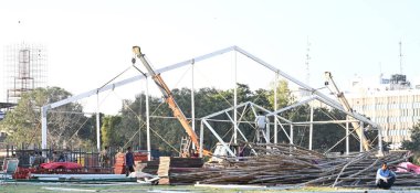 NEW DELHI, INDIA - FEBRUARY 18, 2025: Preparations underwent for the upcoming oath ceremony of Delhi's Chief Minister at Ramlila Maidan on February 20, adding the Bharatiya Janata Party (BJP) is planning a grand ceremony. clipart