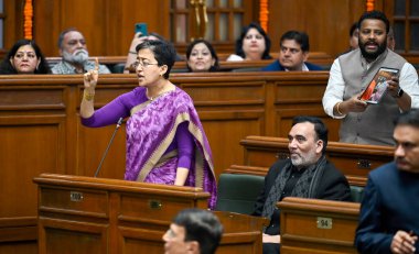 NEW DELHI INDIA FEBRUARY 24 2025 LoP and AAP MLA Atishi addresses the Delhi legislative assembly on the first session of the newly constituted Delhi Assembly on February 24 2025 in New Delhi India Photo by Raj K Raj Hindustan Times clipart