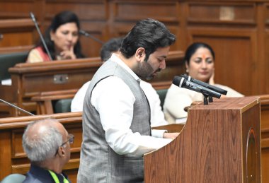 NEW DELHI INDIA FEBRUARY 24 2025 AAP MLA Aaley Mohammad Iqbal takes oath during the opening session of the 8th Legislative Assembly in the Assembly Hall Delhi Vidhan Sabha on February 24 2025 in New Delhi India Photo by Sonu Mehta Hindustan Times clipart