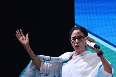 KOLKATA INDIA FEBRUARY 24 2025 West Bengal Chief Minister Mamata Banerjee addresses to doctors during the programme Chikitsar Arek Naam Seva organised by State Level Grievance Redressal Committee of Health and Family Welfare Dept  clipart