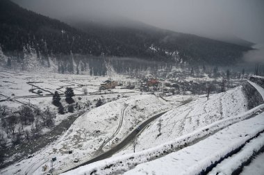Karla kaplı ağaçlarla kaplı kış manzarası