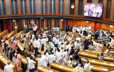 NEW DELHI INDIA MARCH 17 Mart 2025 BJP ve AAP meclis üyeleri, 17 Mart 2025 tarihinde Yeni Delhi Hindistan 'da Dr. SP Mukherjee Şehir Merkezi' nde Delhi Belediye MCD 'sinin Meclis toplantısında protesto gösterisi düzenlediler. 