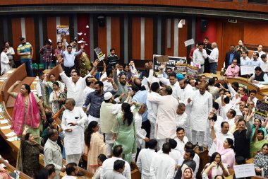 NEW DELHI INDIA MARCH 17 Mart 2025 BJP ve AAP meclis üyeleri, 17 Mart 2025 tarihinde Yeni Delhi Hindistan 'da Dr. SP Mukherjee Şehir Merkezi' nde Delhi Belediye MCD 'sinin Meclis toplantısında protesto gösterisi düzenlediler. 