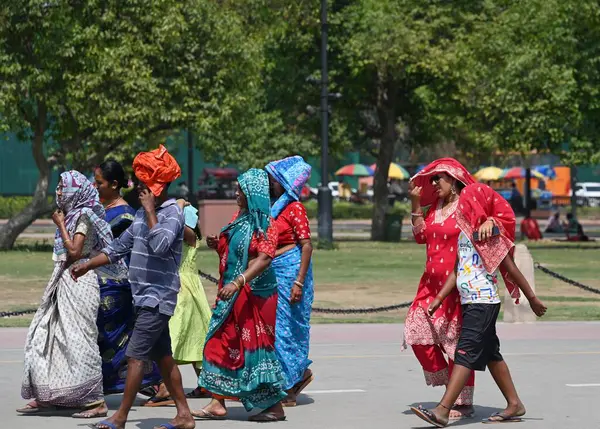 NEW DELHI, INDIA - 26 Mart 2025: Yeni Delhi, Hindistan 'da 26 Mart 2025 tarihinde sıcak öğleden sonra Kartavya Yolu ziyaretçileri. Delhi bu sezonun en sıcak gününü, maksimum sıcaklık 37,1 santigrat dereceye yükselerek 25 Mart Salı günü kaydetti.