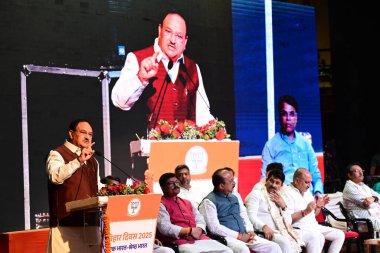 NEW DELHI, INDIA - 29 Mart 2025: BJP Ulusal Başkanı J.P. Nadda ile birlikte Delhi BJP Başkanı Virendra Sachdeva, Yol Bakanlığı, Ulaştırma ve Otoyollar ve Kurumsal İşler Bakanlığı Harsh Malhotra, Milletvekili Manoj Tiwari ve diğer BJP Liderleri 