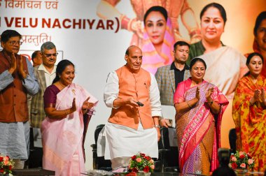 NEW DELHI, INDIA - 29 Mart: Vanathi Srinivasan, Bharatiya Janata Partisi Ulusal Başkanı, Rajnath Singh Savunma Bakanı, Rekha Gupta Genel Sekreteri, Diya Kumari, Başbakan Yardımcısı, Rajasthan 