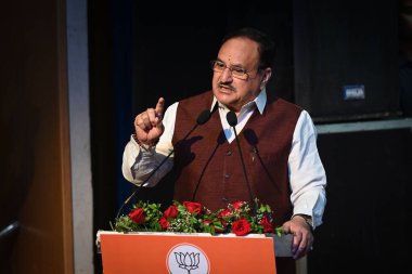 NEW DELHI, INDIA - 29 Mart 2025: BJP Ulusal Başkanı J.P. Nadda ile birlikte Delhi BJP Başkanı Virendra Sachdeva, Yol Bakanlığı, Ulaştırma ve Otoyollar ve Kurumsal İşler Bakanlığı Harsh Malhotra, Milletvekili Manoj Tiwari ve diğer BJP Liderleri 