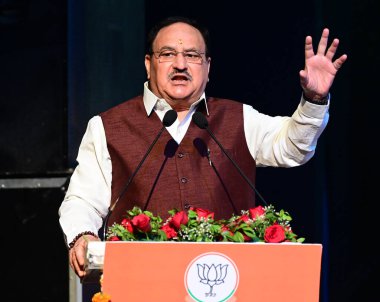NEW DELHI, INDIA - 29 Mart 2025: BJP Ulusal Başkanı J.P. Nadda ile birlikte Delhi BJP Başkanı Virendra Sachdeva, Yol Bakanlığı, Ulaştırma ve Otoyollar ve Kurumsal İşler Bakanlığı Harsh Malhotra, Milletvekili Manoj Tiwari ve diğer BJP Liderleri 