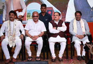 NEW DELHI, INDIA - 29 Mart 2025: BJP Ulusal Başkanı J.P. Nadda ile birlikte Delhi BJP Başkanı Virendra Sachdeva, Yol Bakanlığı, Ulaştırma ve Otoyollar ve Kurumsal İşler Bakanlığı Harsh Malhotra, Milletvekili Manoj Tiwari ve diğer BJP Liderleri 