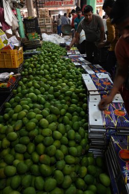 NAVI MUMBAI, INDIA - 30 Mart 2025: 40.000 kutu mango Gudi Padwa vesilesiyle APMC 'ye geldi. Gudi Padwa' nın uğurlu gününde, 30 Mart 2025 tarihinde Navi Mumbai, Hindistan 'da bulunan Navi Mumbai' de ihraç edilmeye hazır..