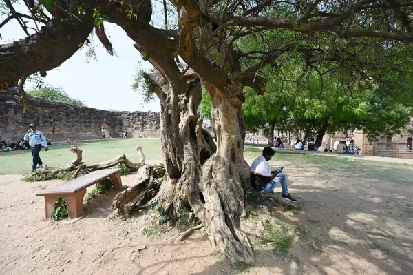 NEW DELHI, INDIA - 6 Nisan 2025: Qutub Minar 'da sıcak bir öğleden sonra ziyaretçiler, 6 Nisan 2025 tarihinde Yeni Delhi, Hindistan' da. (Fotoğraf: Sanjeev Verma / Hindustan Times)