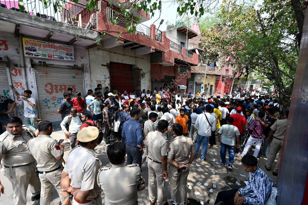 NEW DELHI INDIA APRIL 18 2025 Heavy Police force have been deployed in the area after 17 year old boy was stabbed to death in Seelampur on April 18 2025 in New Delhi India A 17 year old boy was brutally stabbed to death in J Block of New Seelampur in