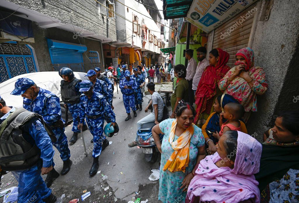 NEW DELHI INDIA APRIL 18 2025 Heavy Police force have been deployed in the area after 17 year old boy was stabbed to death in Seelampur on April 18 2025 in New Delhi India A 17 year old boy was brutally stabbed to death in J Block of New Seelampur in