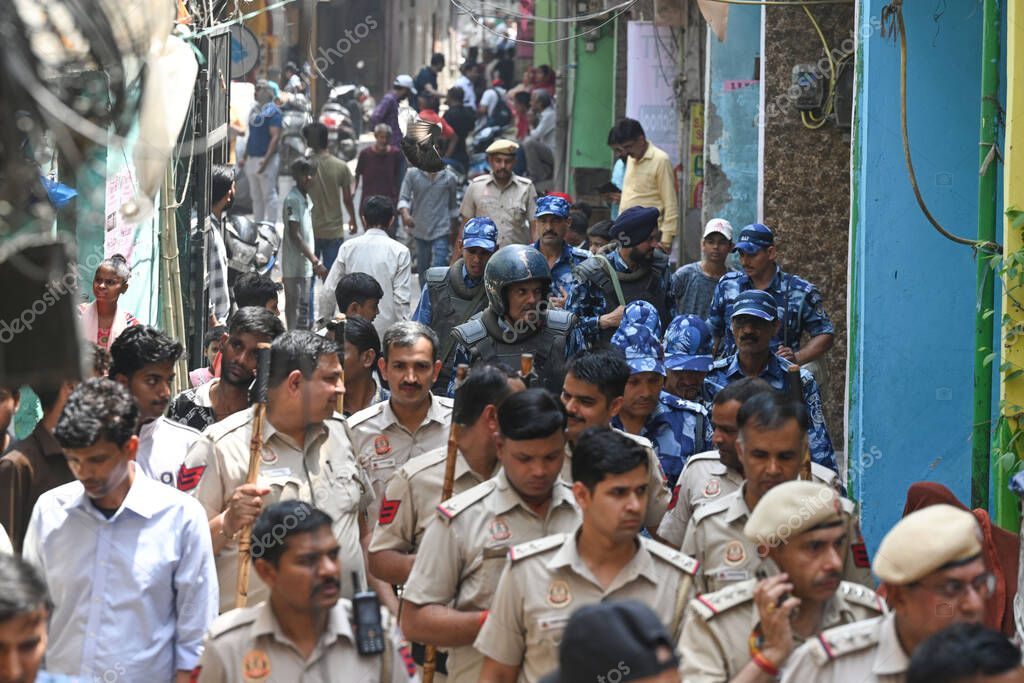 NEW DELHI INDIA APRIL 18 2025 Heavy Police force have been deployed in the area after 17 year old boy was stabbed to death in Seelampur on April 18 2025 in New Delhi India A 17 year old boy was brutally stabbed to death in J Block of New Seelampur in